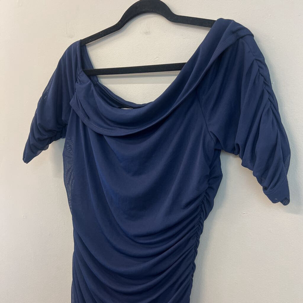 Venus Navy Ruched Long Sleeve Midi Dress Large