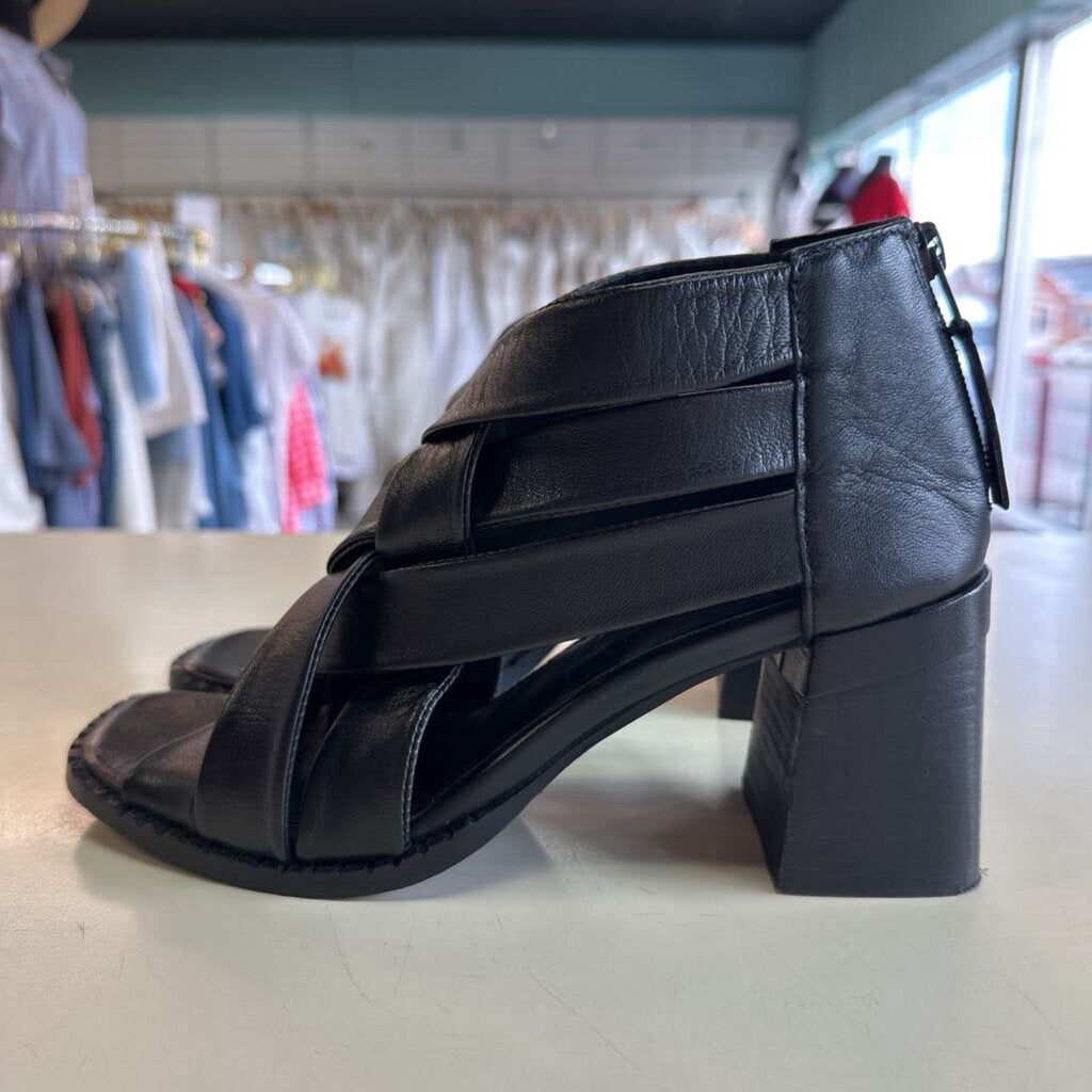 Vintage Foundry Co Black Strappy Leather Block Heels 9