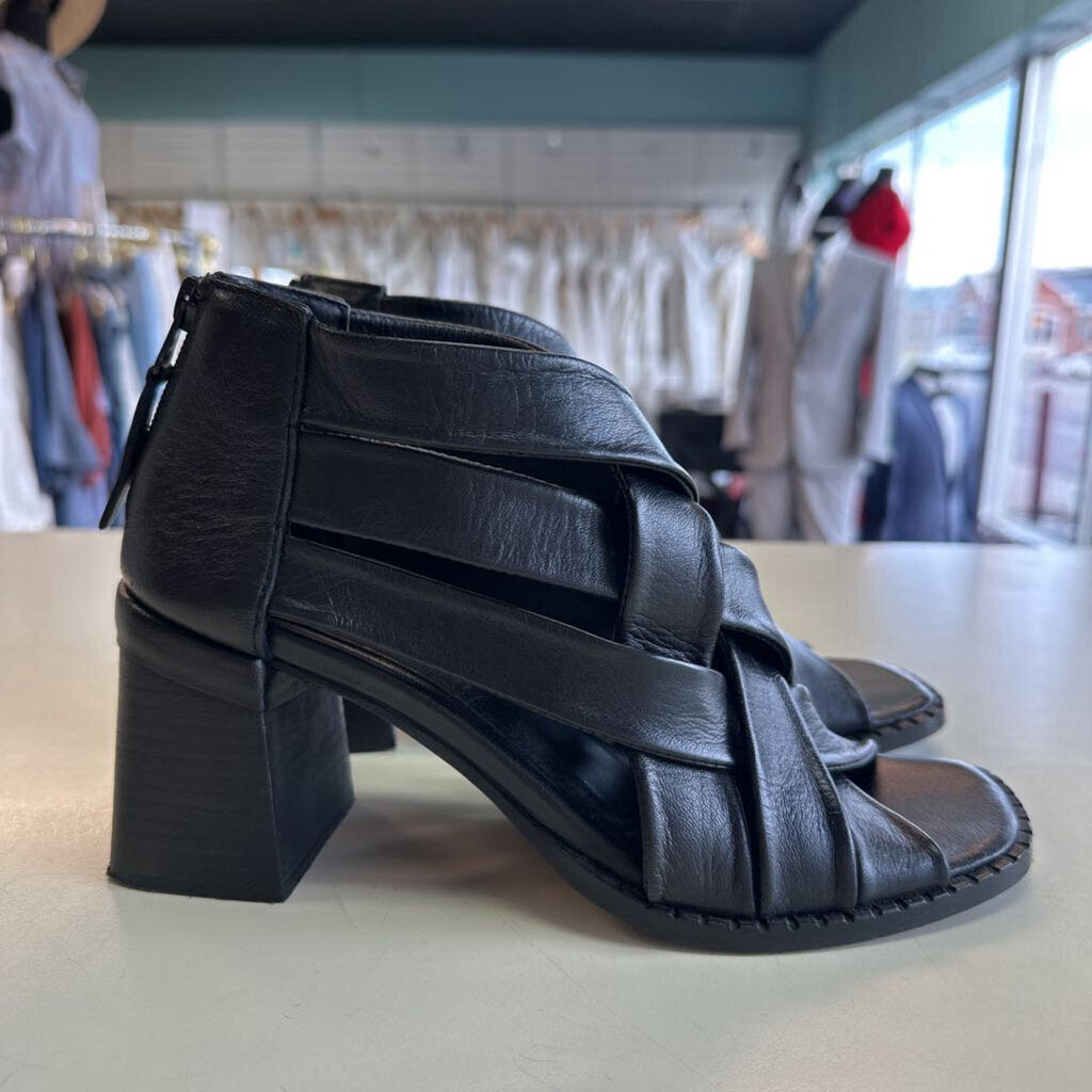 Vintage Foundry Co Black Strappy Leather Block Heels 9