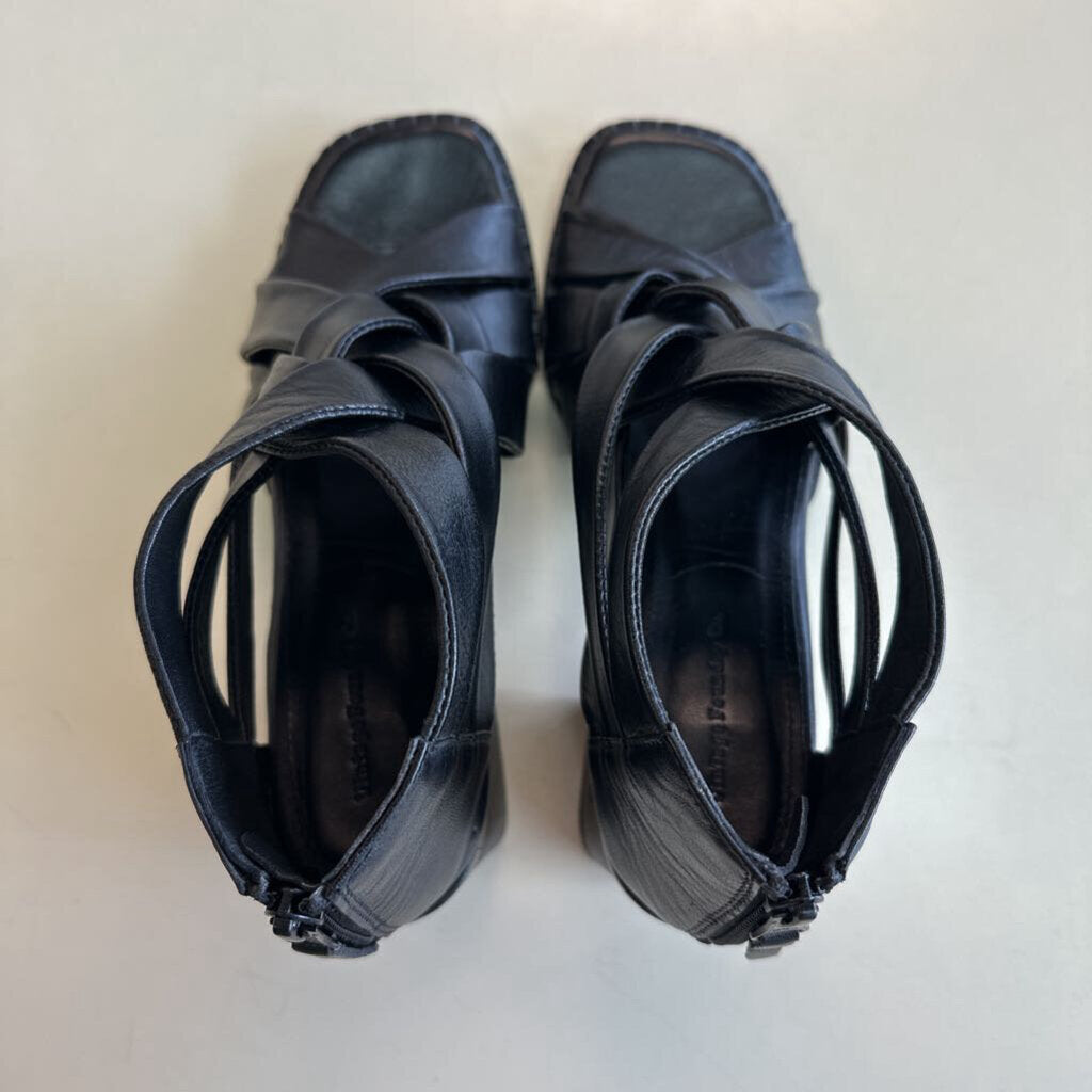 Vintage Foundry Co Black Strappy Leather Block Heels 9