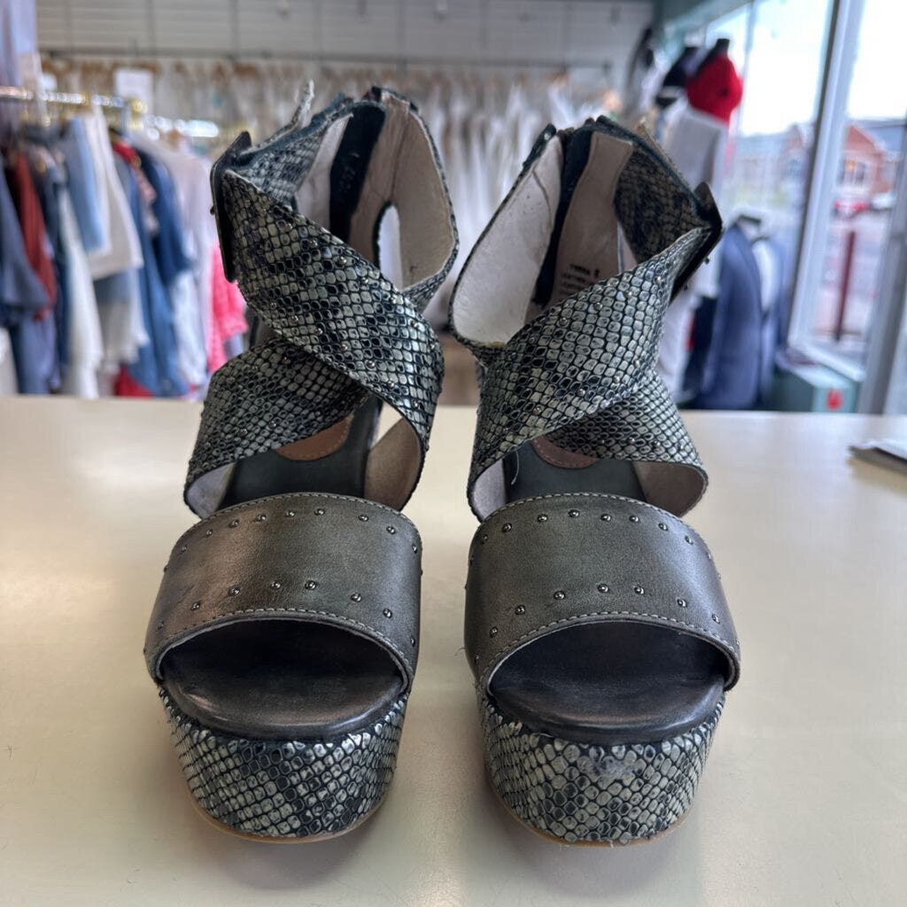 Free Bird Grey Terra Snakeskin Print Leather Strappy Wedge Heels 8