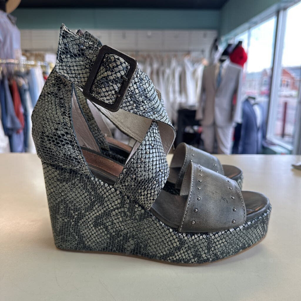 Free Bird Grey Terra Snakeskin Print Leather Strappy Wedge Heels 8
