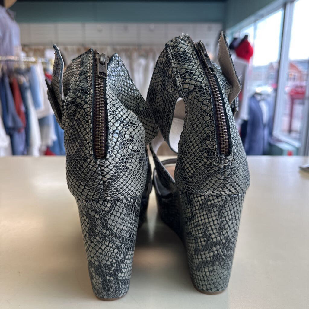 Free Bird Grey Terra Snakeskin Print Leather Strappy Wedge Heels 8