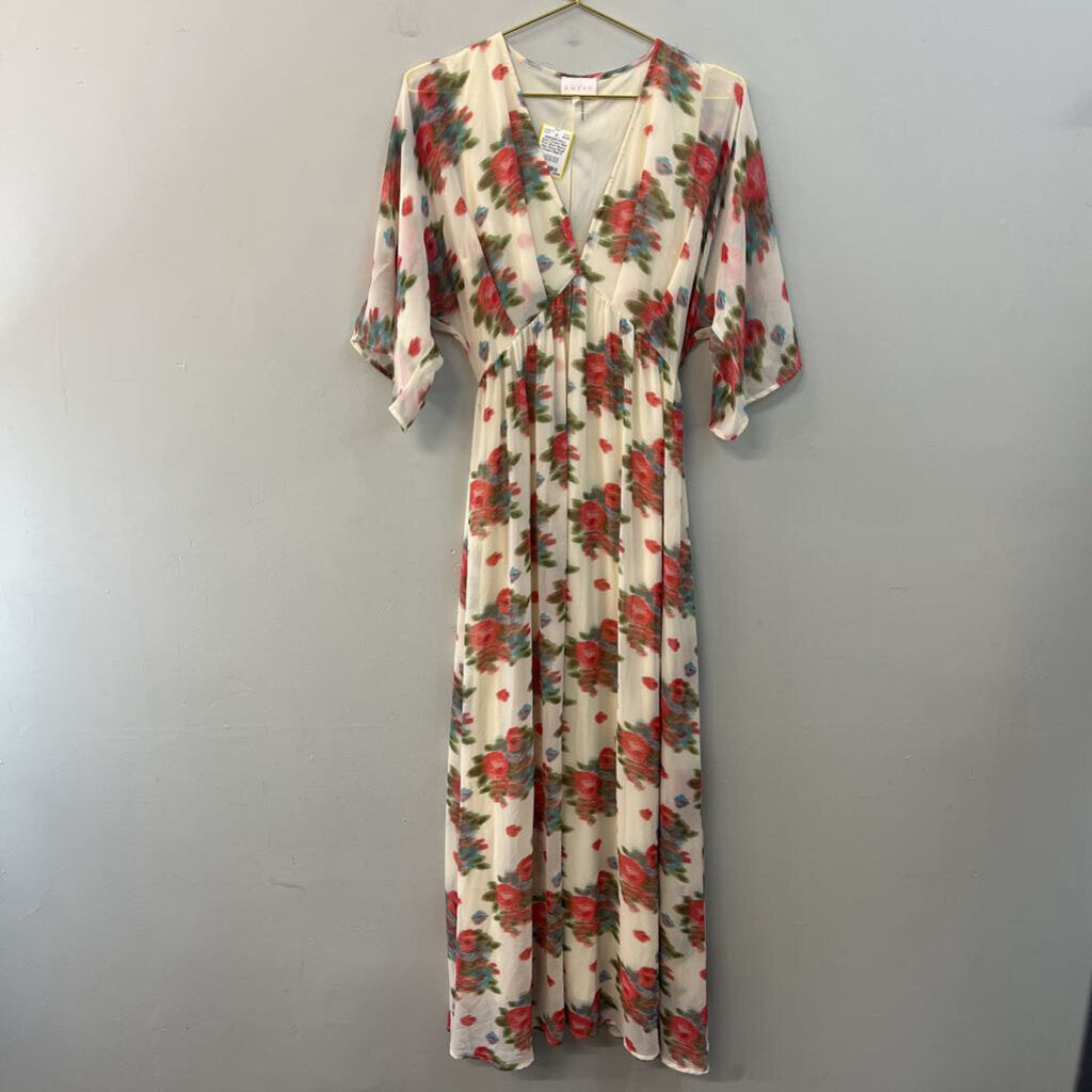 Entro Cream/ Multi Print Short Sleeve Maxi Dress Small