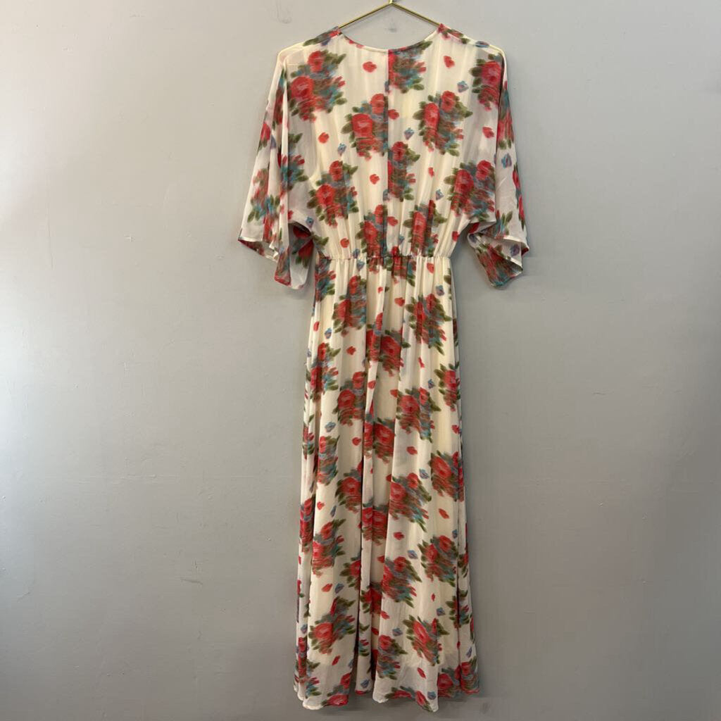 Entro Cream/ Multi Print Short Sleeve Maxi Dress Small