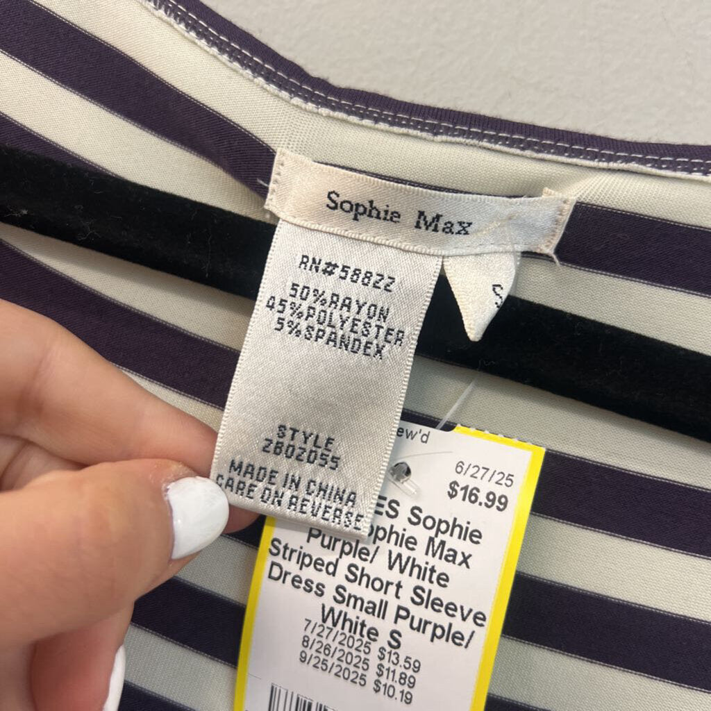 Sophie Max Purple/ White Striped Short Sleeve Dress Small