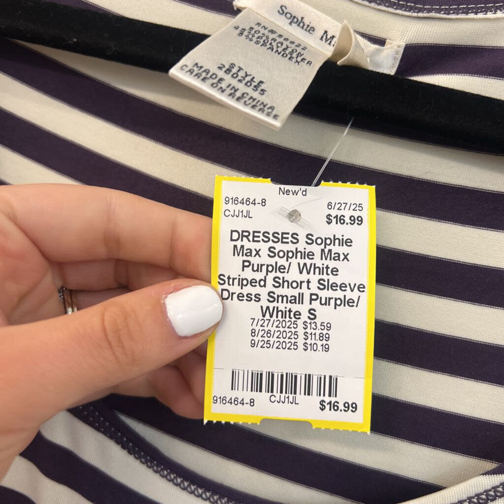 Sophie Max Purple/ White Striped Short Sleeve Dress Small