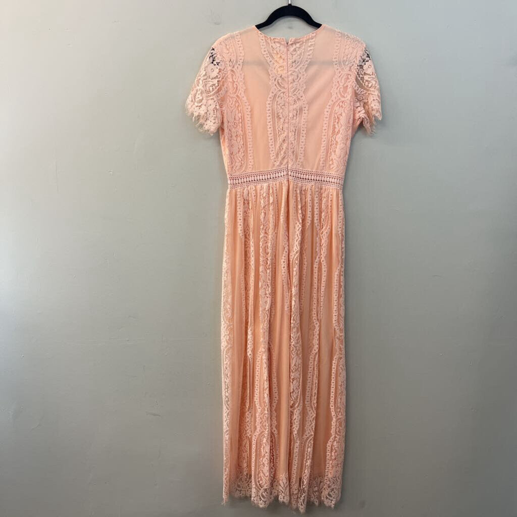 Pink Lace Short Sleeve Maxi Dress Medium