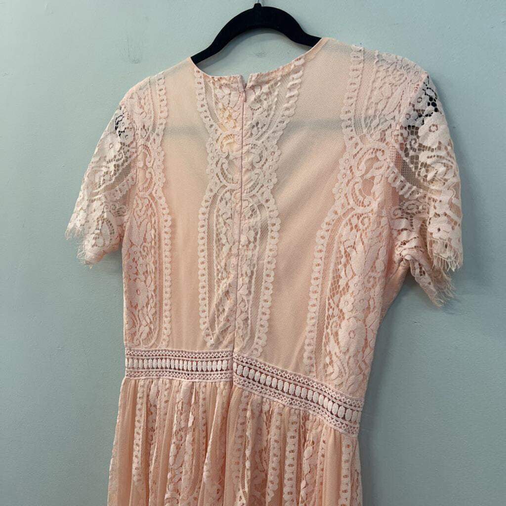 Pink Lace Short Sleeve Maxi Dress Medium