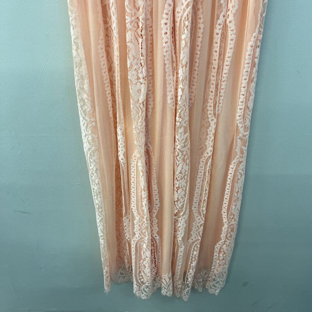 Pink Lace Short Sleeve Maxi Dress Medium