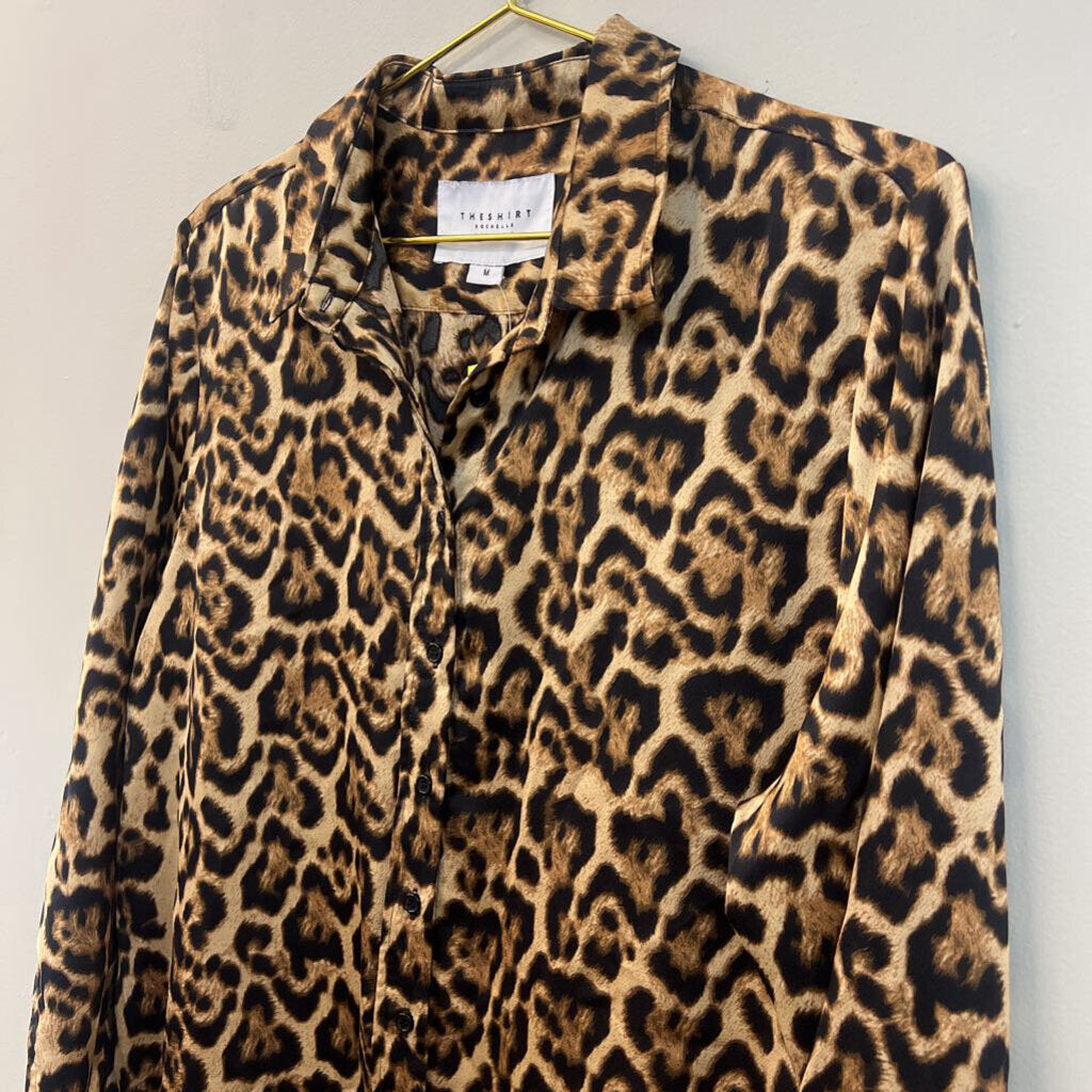 The Shirt by Rochelle Behrens Brown Silky Leopard Print Long Sleeve Button Down Top Medium