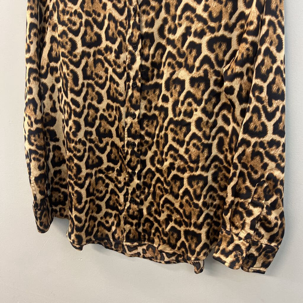 The Shirt by Rochelle Behrens Brown Silky Leopard Print Long Sleeve Button Down Top Medium
