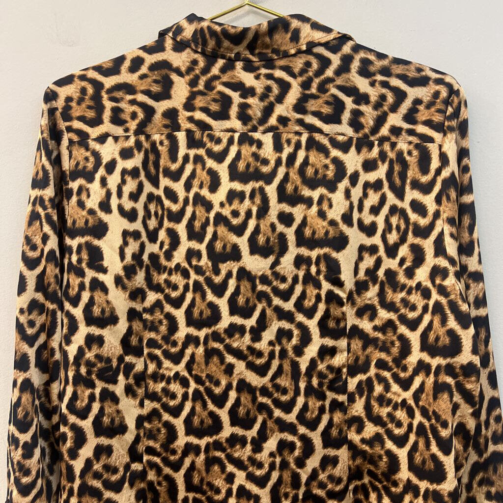 The Shirt by Rochelle Behrens Brown Silky Leopard Print Long Sleeve Button Down Top Medium