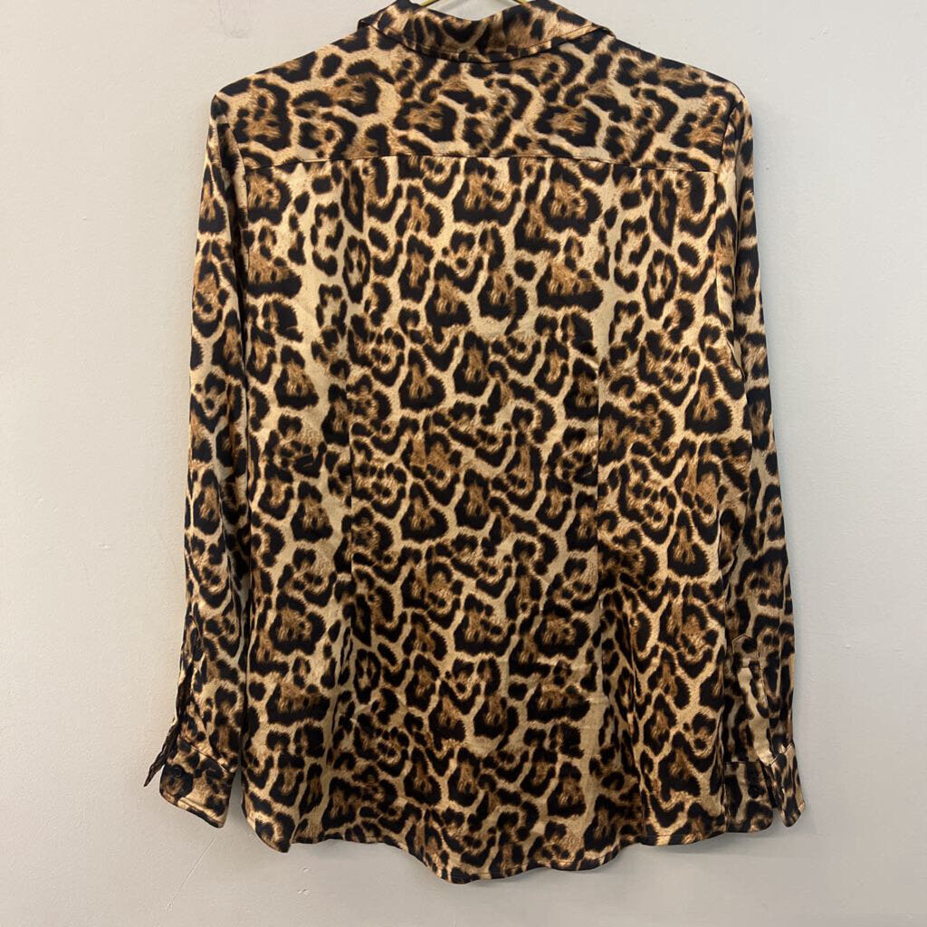 The Shirt by Rochelle Behrens Brown Silky Leopard Print Long Sleeve Button Down Top Medium