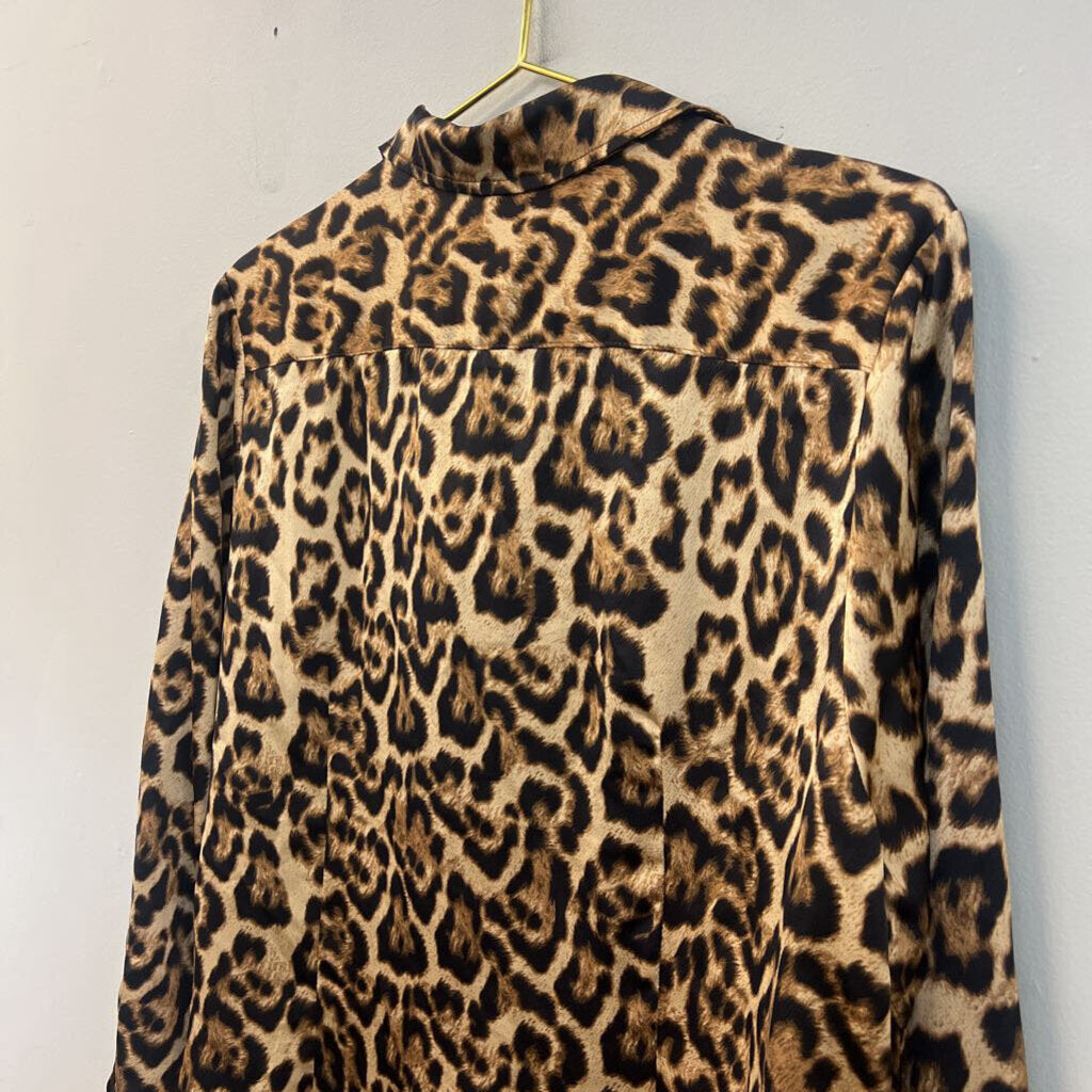 The Shirt by Rochelle Behrens Brown Silky Leopard Print Long Sleeve Button Down Top Medium