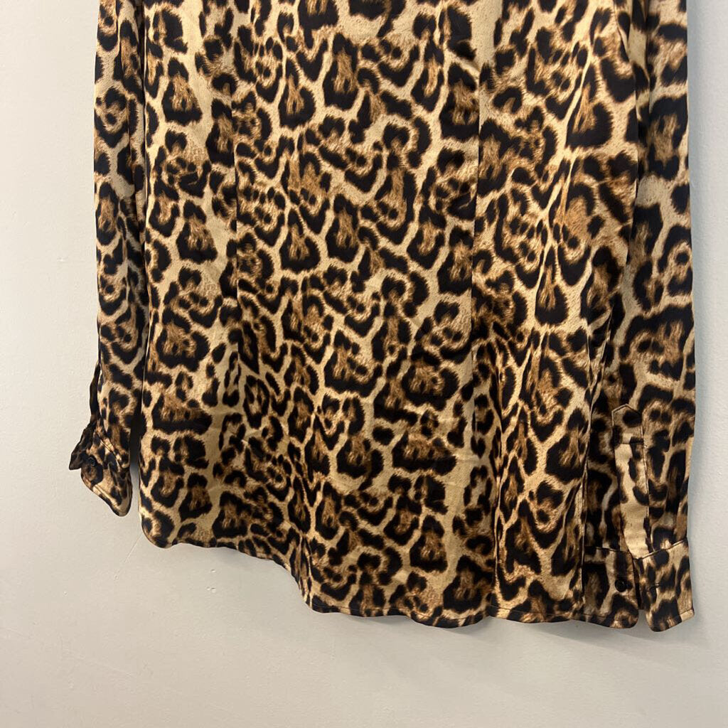 The Shirt by Rochelle Behrens Brown Silky Leopard Print Long Sleeve Button Down Top Medium