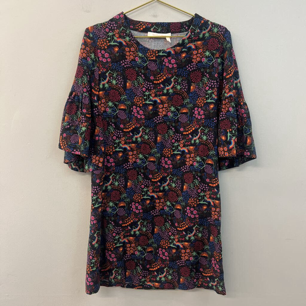 See By Chloe Black/ Multi Print Bell Sleeve Dress Medium