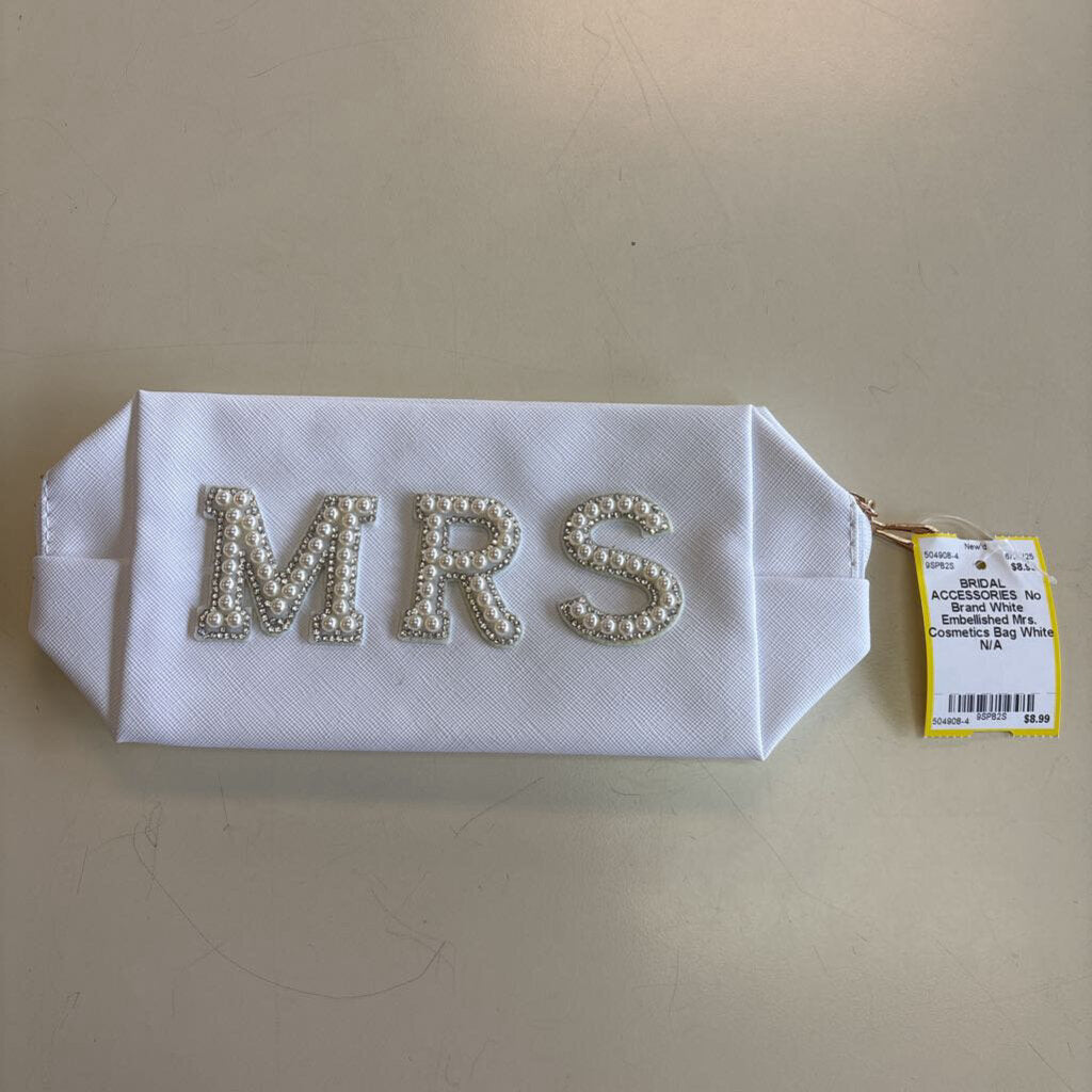 White Embellished Mrs. Cosmetics Bag