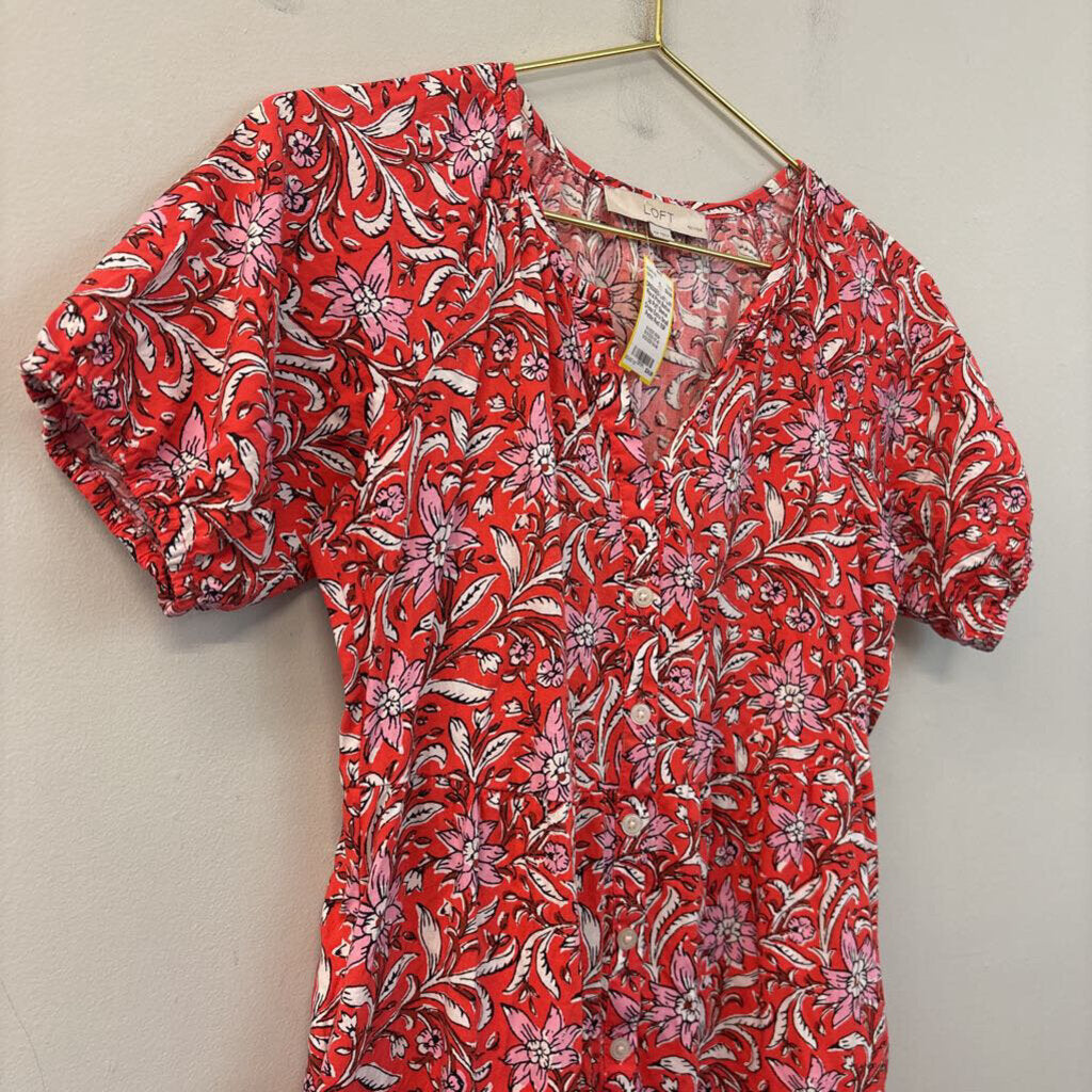 Loft Floral Print Button Up Puff Sleeve Dress Extra Small Petite