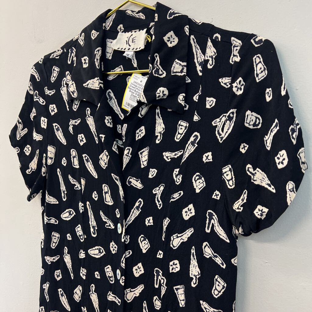 Vintage Ice Black/ Cream Print Short Sleeve Button Down Dress 12