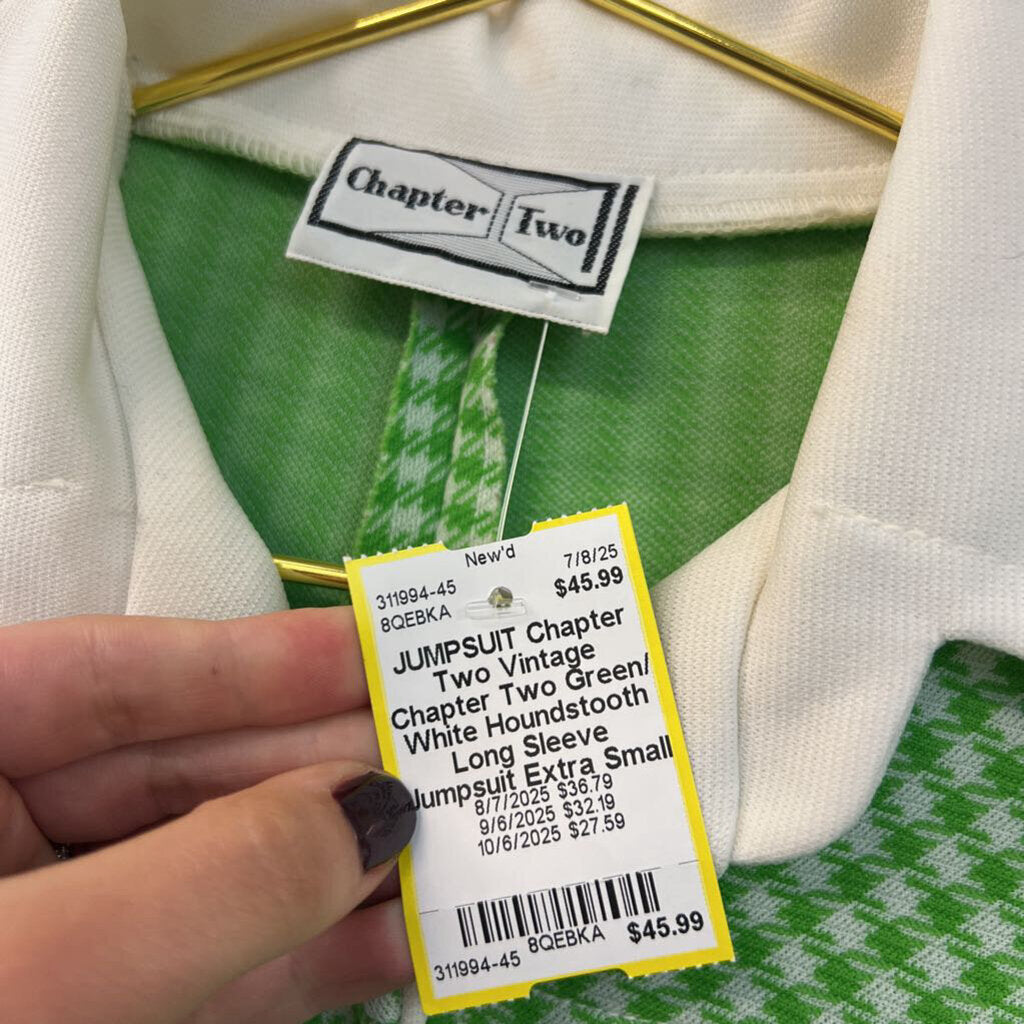 Vintage Chapter Two Green/ White Houndstooth Long Sleeve Jumpsuit Extra Small