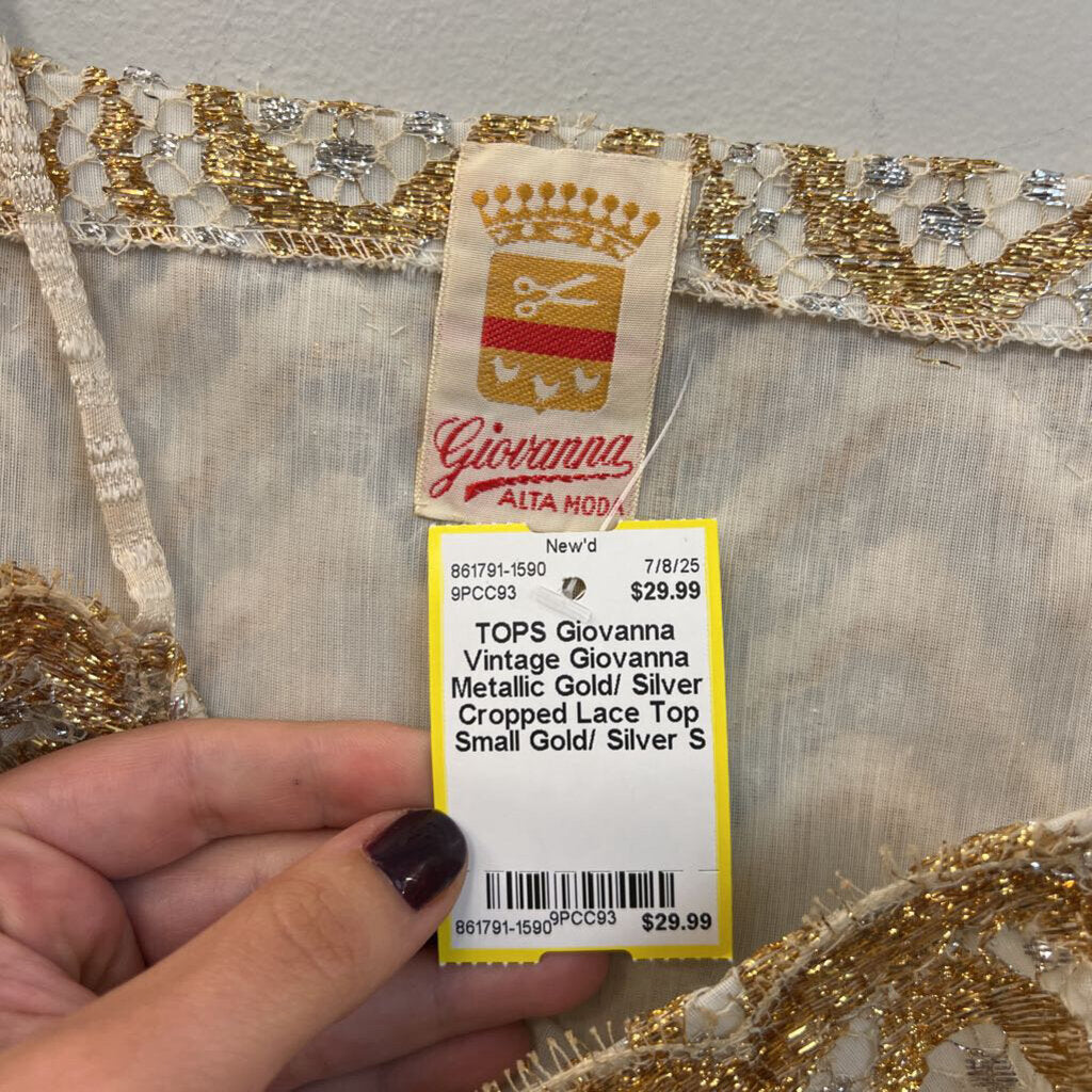 Vintage Giovanna Metallic Gold/ Silver Cropped Lace Top Small