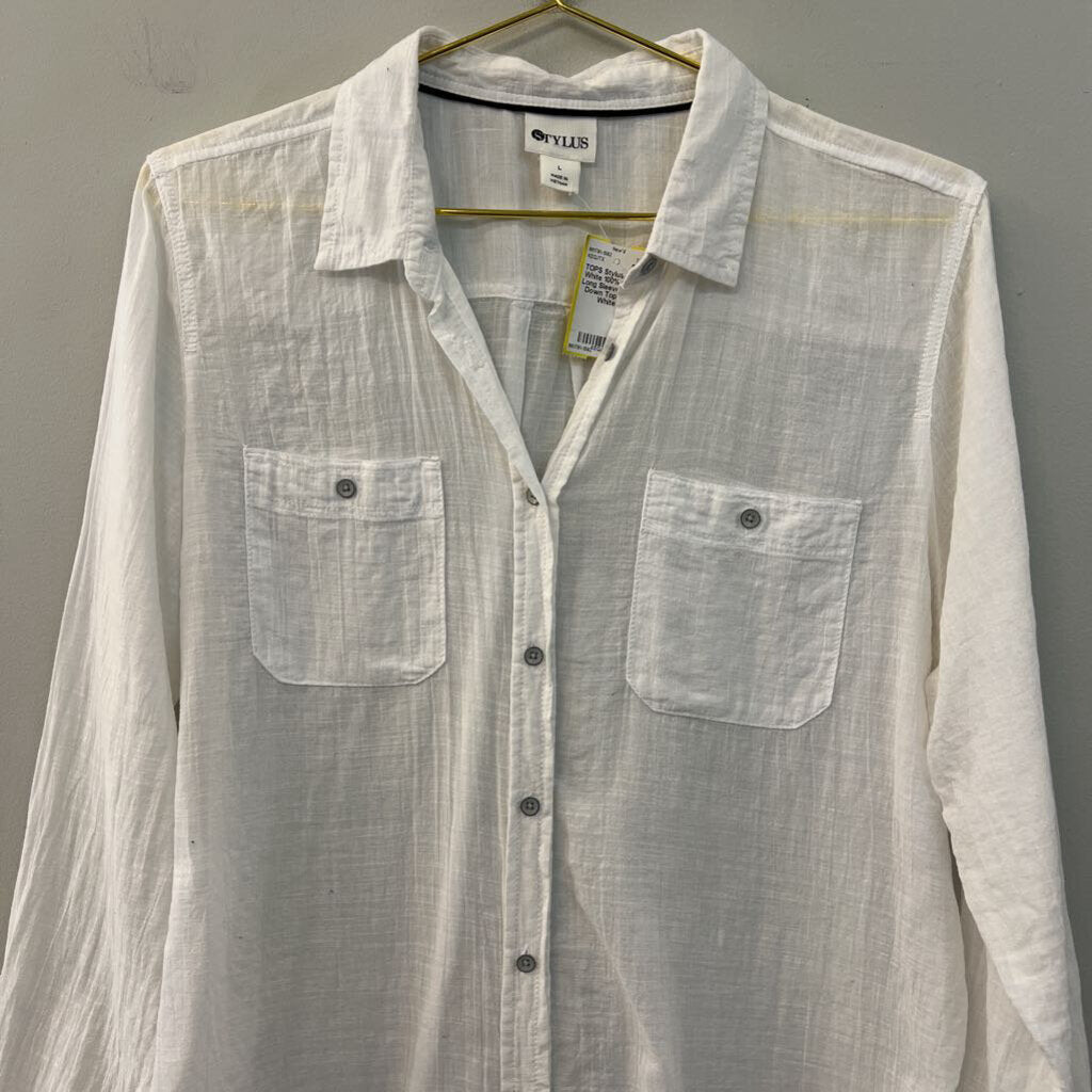 Stylus White 100% Cotton Long Sleeve Button Down Top Large