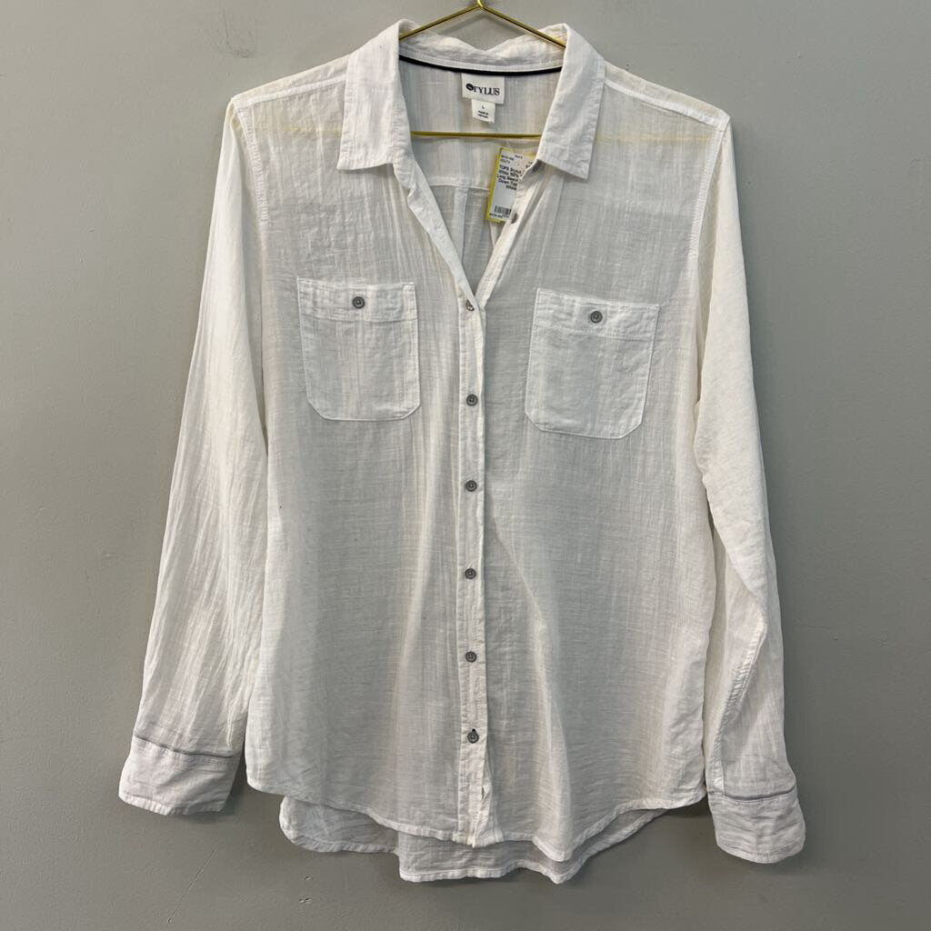 Stylus White 100% Cotton Long Sleeve Button Down Top Large