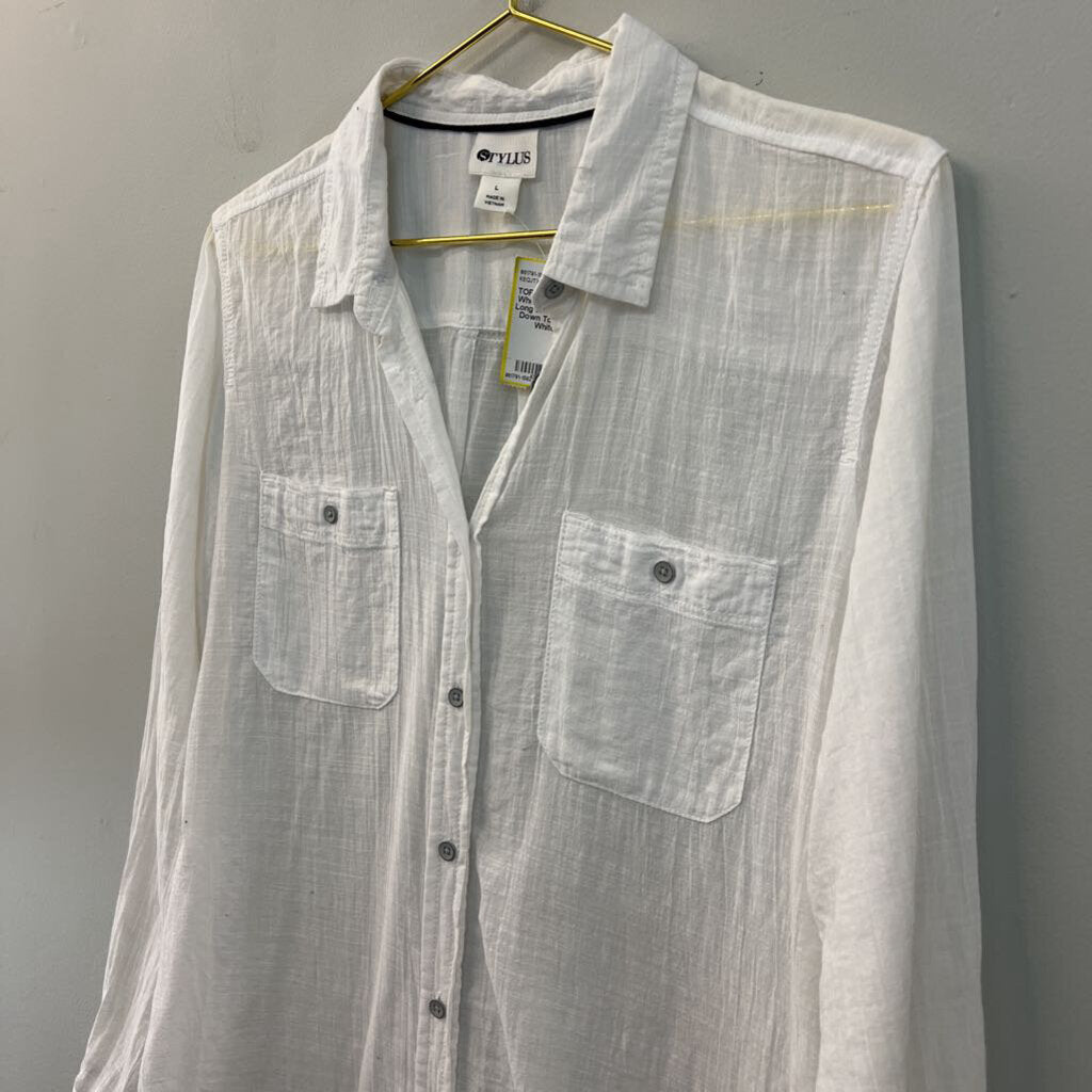 Stylus White 100% Cotton Long Sleeve Button Down Top Large