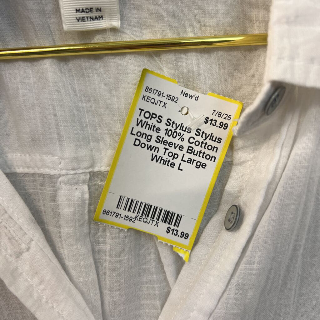 Stylus White 100% Cotton Long Sleeve Button Down Top Large