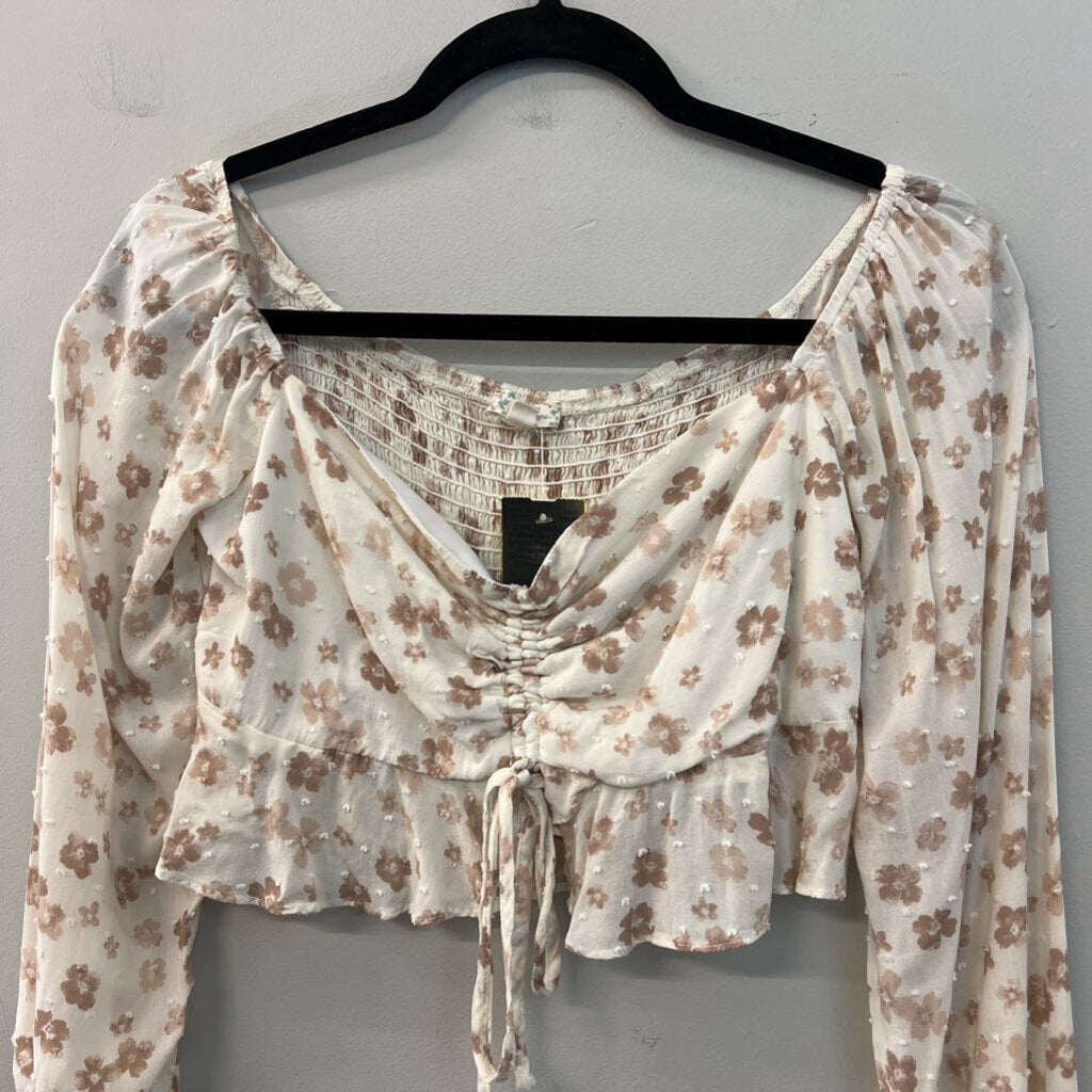 Endless Blu Cream/ Brown Flower Print Cropped Long Sleeve Top Medium