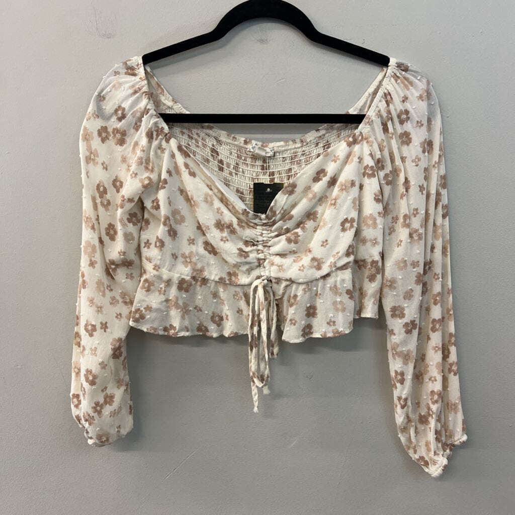 Endless Blu Cream/ Brown Flower Print Cropped Long Sleeve Top Medium