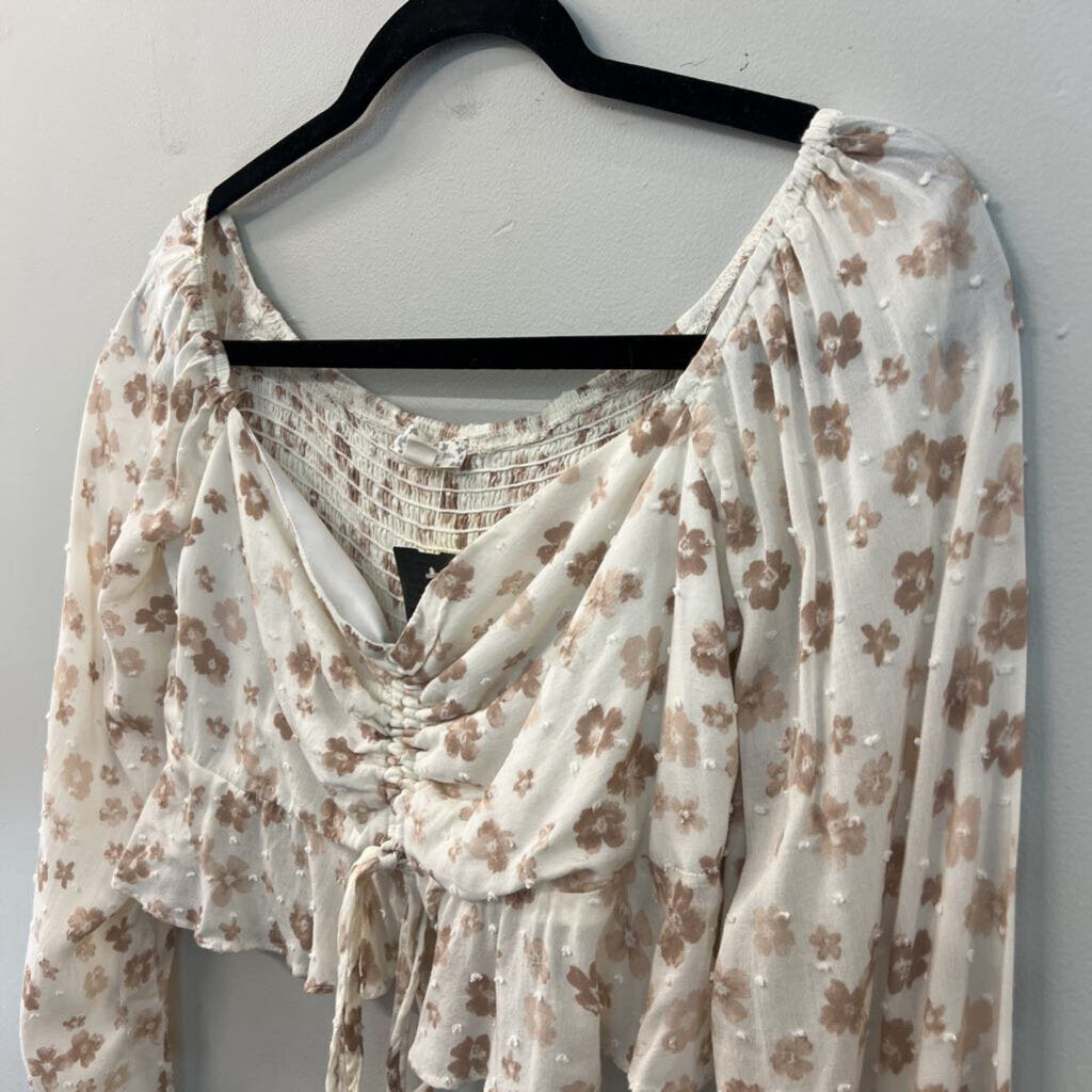 Endless Blu Cream/ Brown Flower Print Cropped Long Sleeve Top Medium