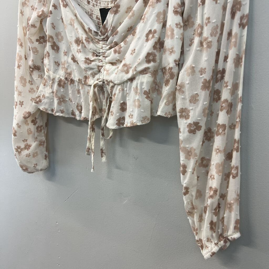Endless Blu Cream/ Brown Flower Print Cropped Long Sleeve Top Medium