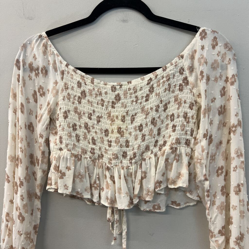 Endless Blu Cream/ Brown Flower Print Cropped Long Sleeve Top Medium