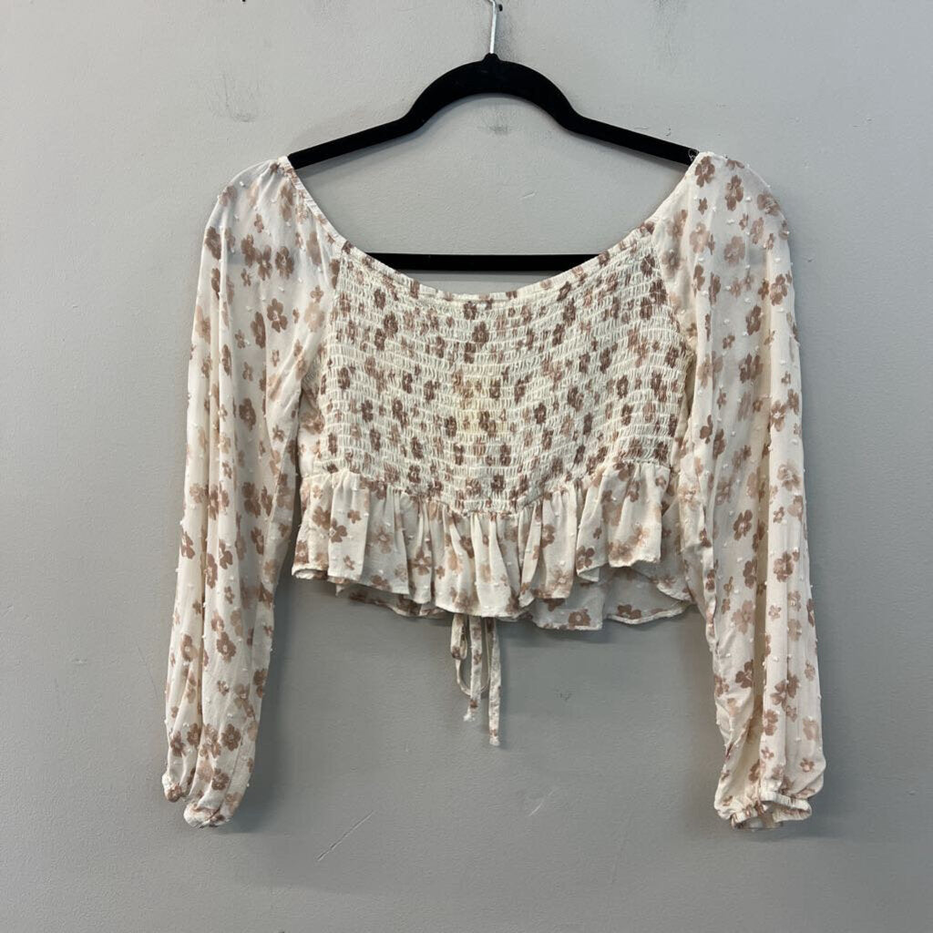 Endless Blu Cream/ Brown Flower Print Cropped Long Sleeve Top Medium