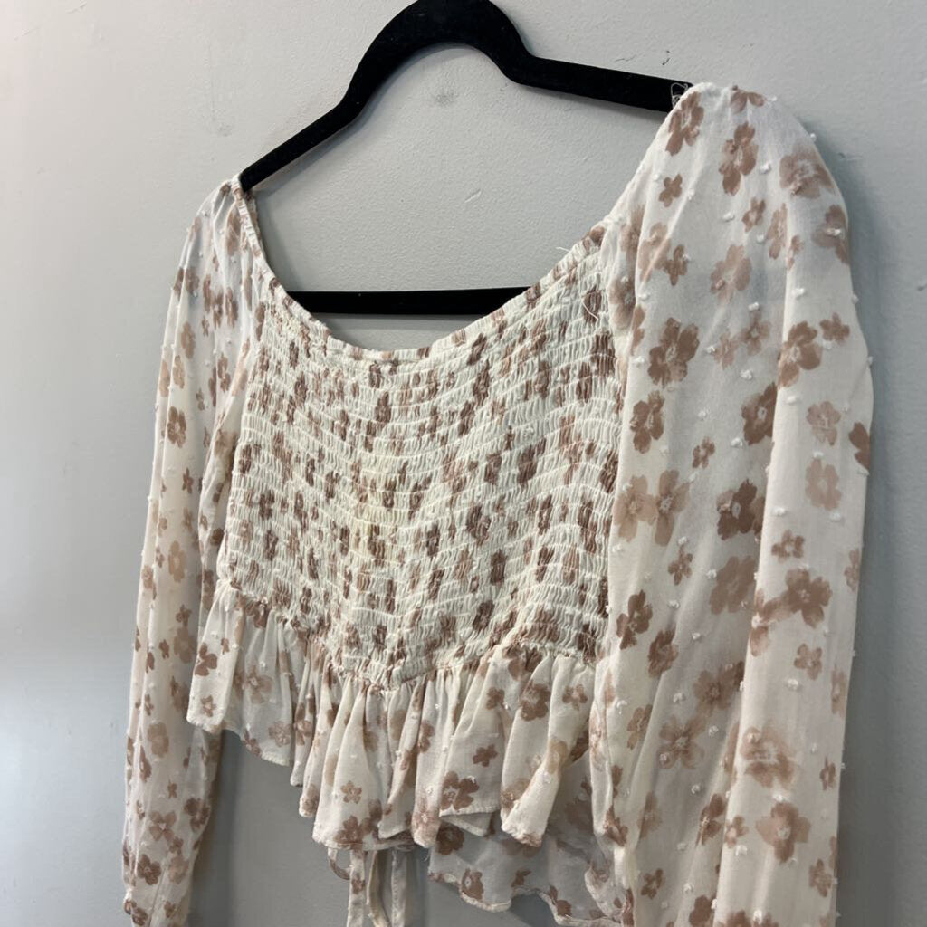Endless Blu Cream/ Brown Flower Print Cropped Long Sleeve Top Medium
