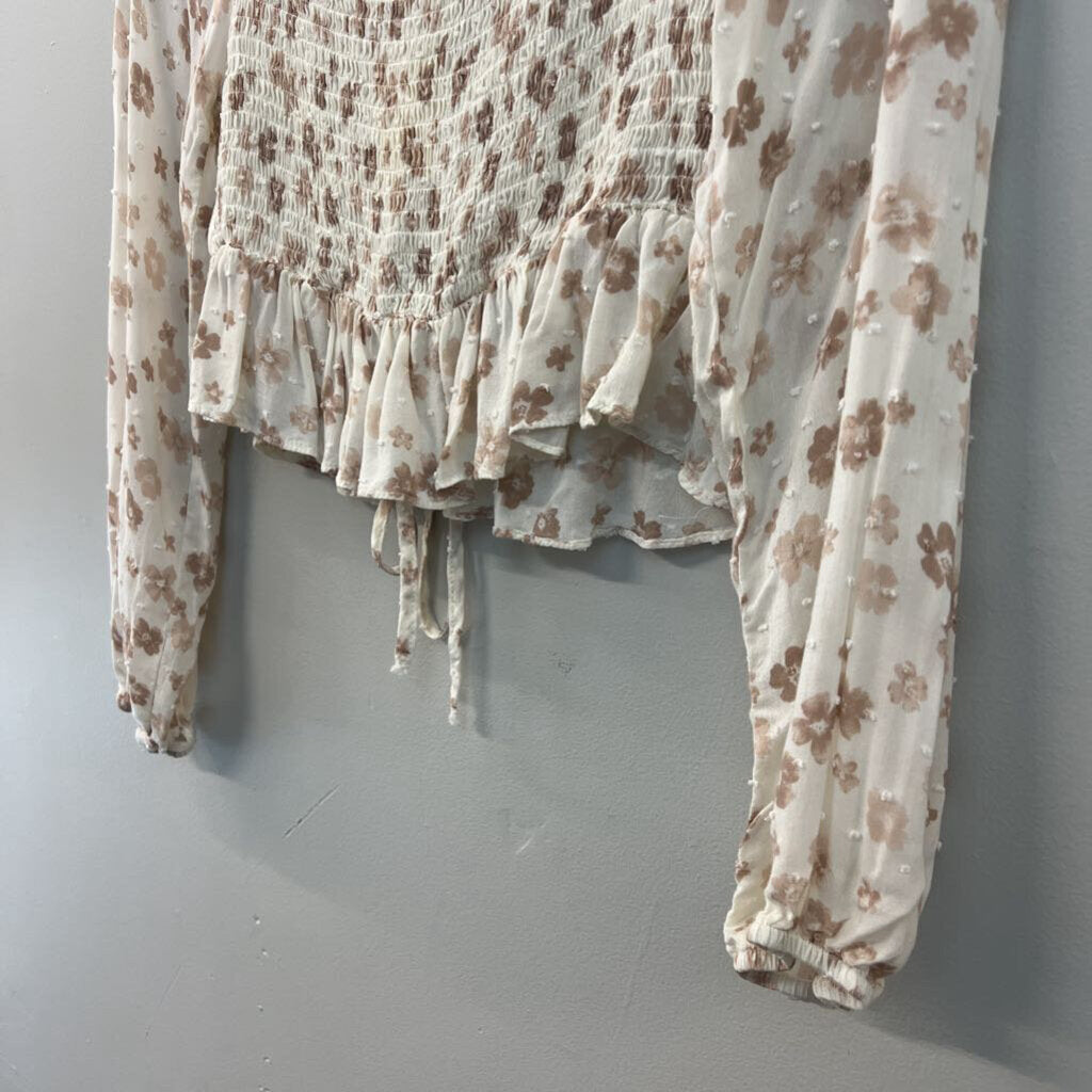Endless Blu Cream/ Brown Flower Print Cropped Long Sleeve Top Medium