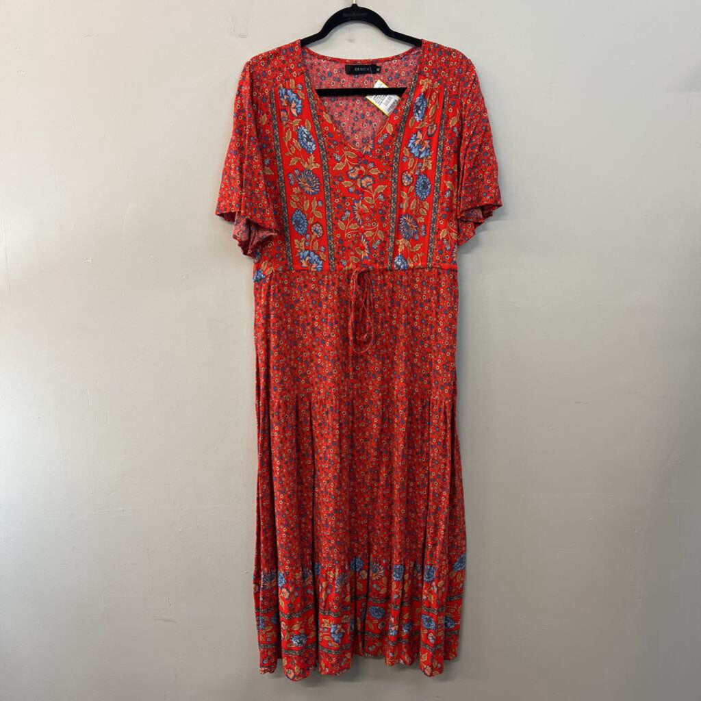Zesica Red/ Blue Print Short Sleeve Maxi Dress Extra Large