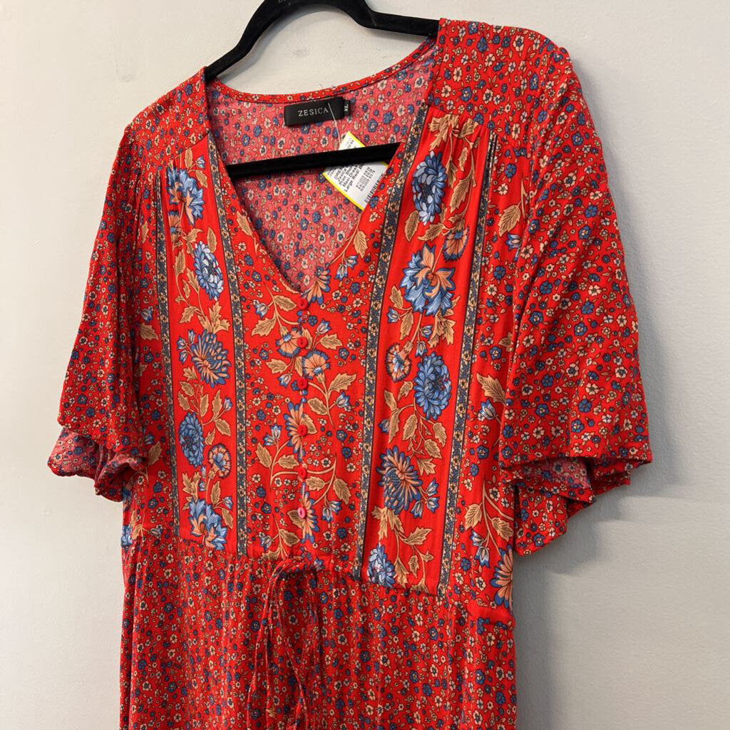 Zesica Red/ Blue Print Short Sleeve Maxi Dress Extra Large