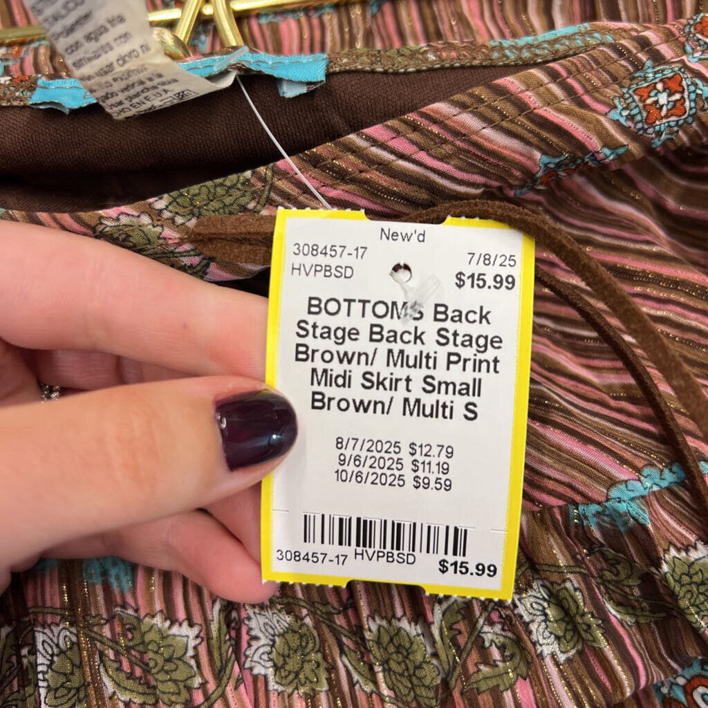 Back Stage Brown/ Multi Print Midi Skirt Small