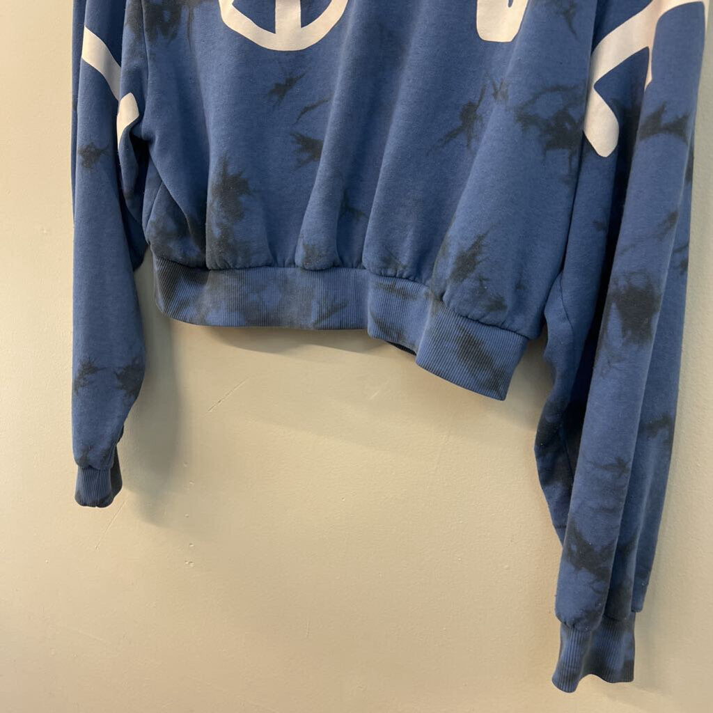 Divided Blue Tie Dye Love Cropped Pullover Medium