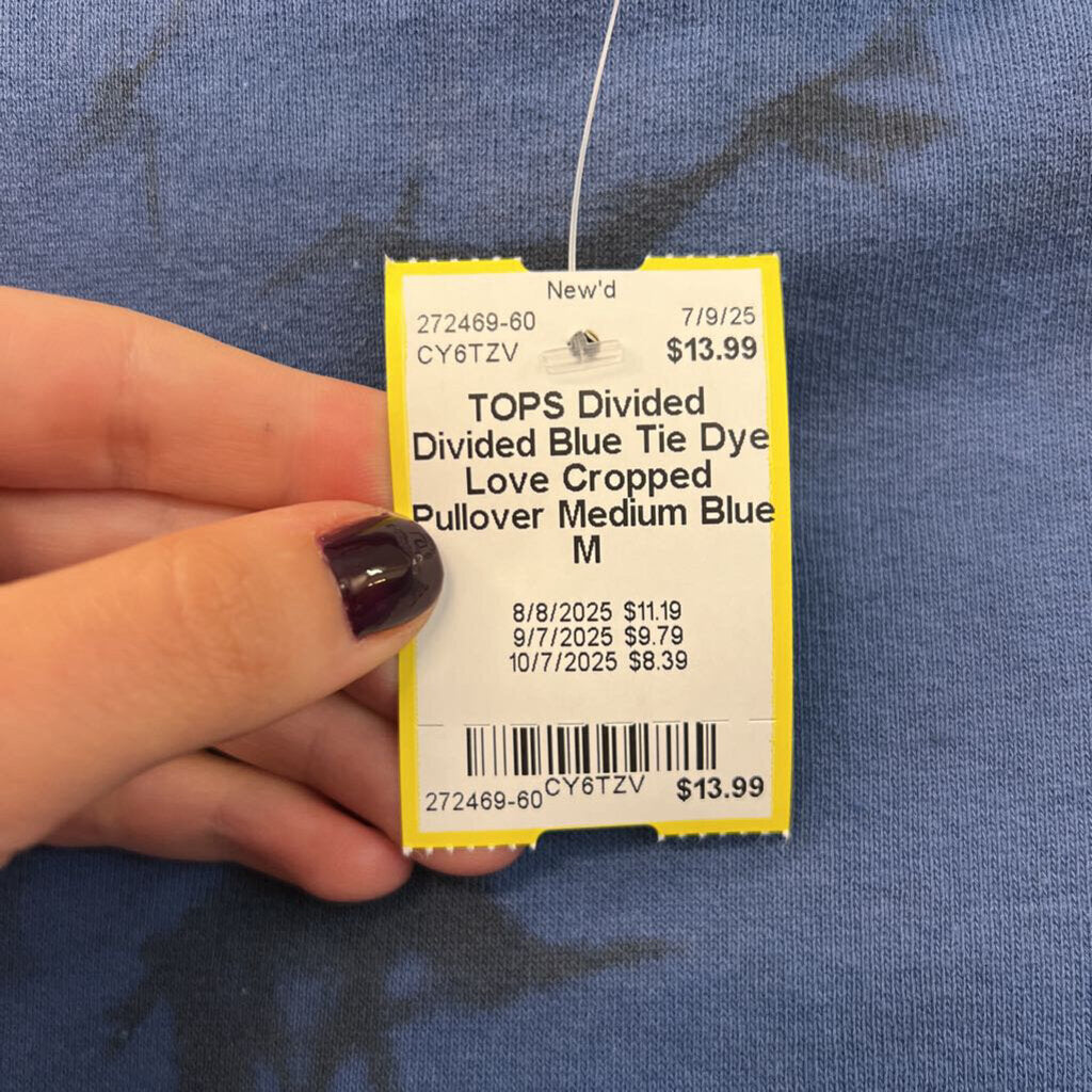Divided Blue Tie Dye Love Cropped Pullover Medium
