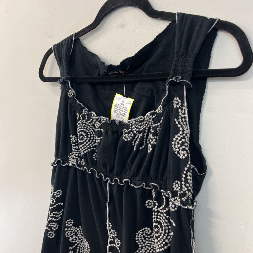 BCBG Black/ White Embroidered Print Tank Top Large
