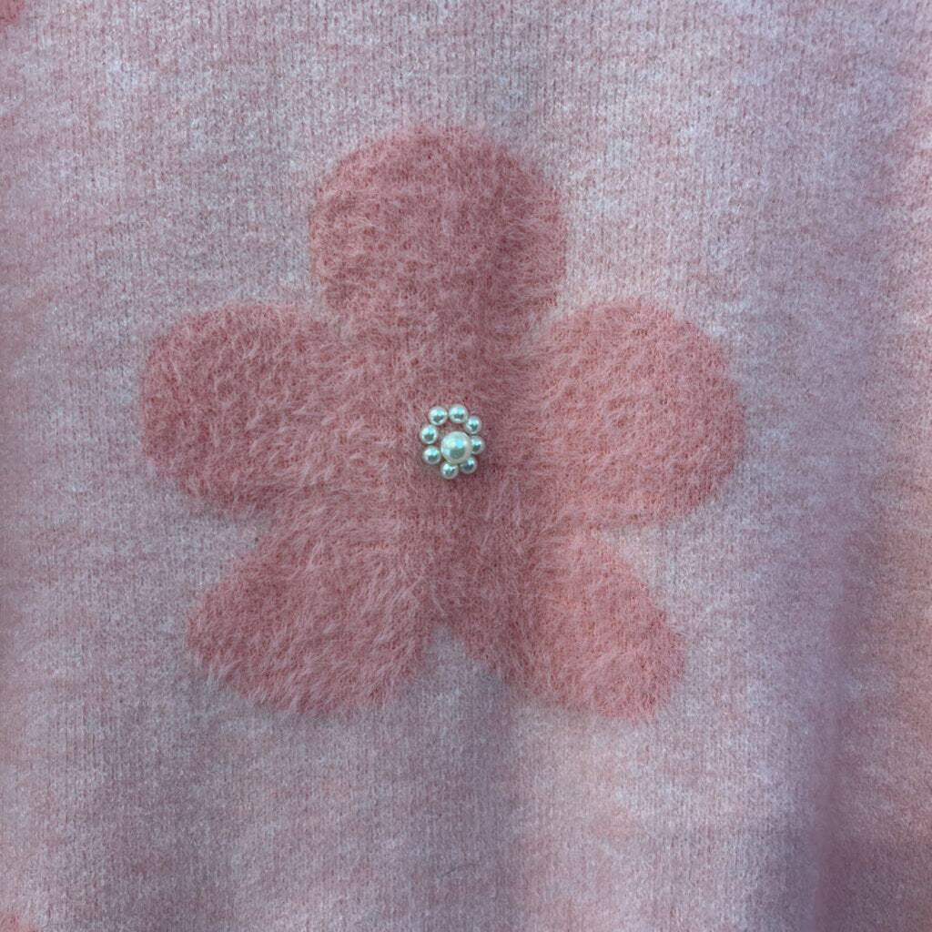 Nanette Lepore Pink Fuzzy Pearl Studded Flower Sweater Small
