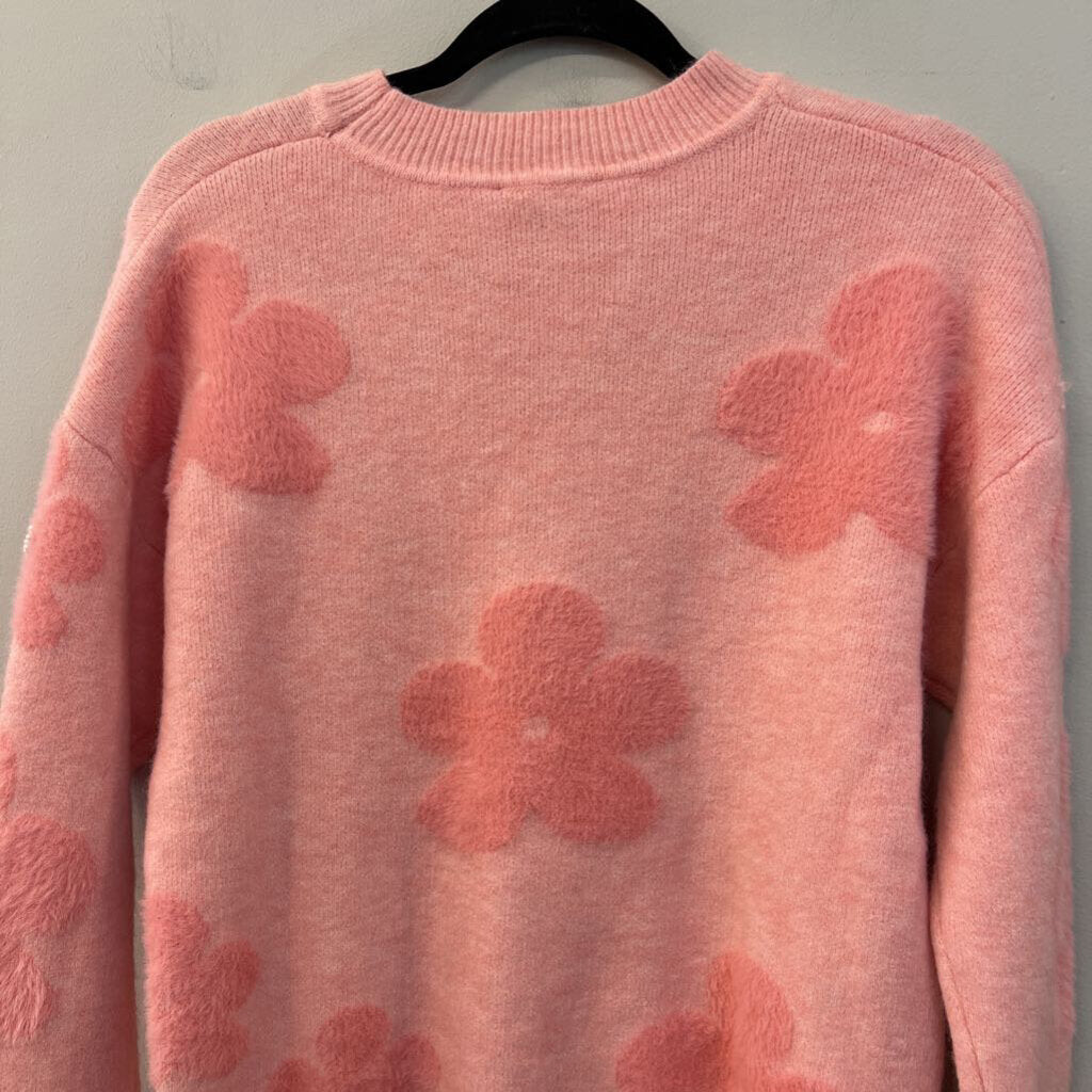 Nanette Lepore Pink Fuzzy Pearl Studded Flower Sweater Small