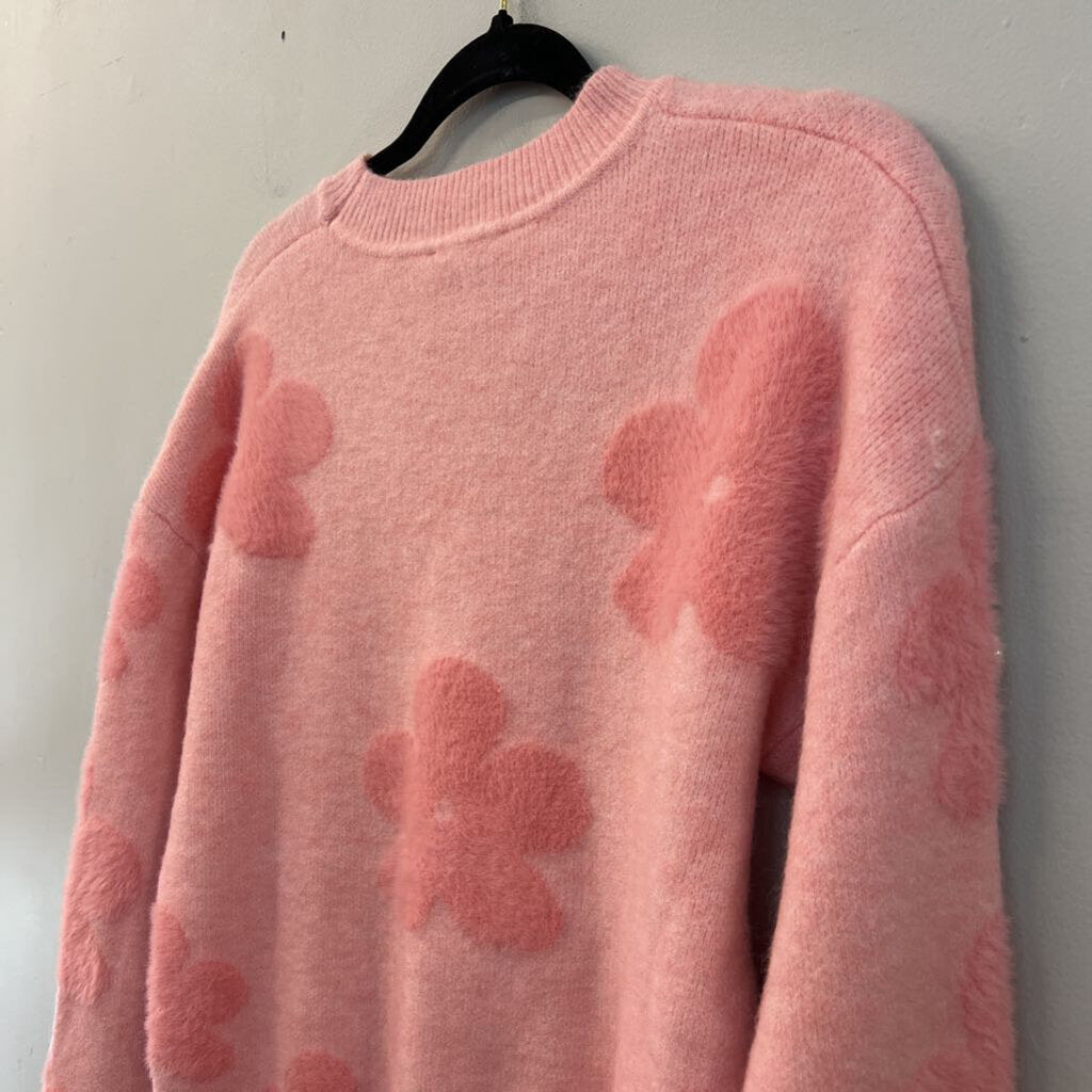 Nanette Lepore Pink Fuzzy Pearl Studded Flower Sweater Small