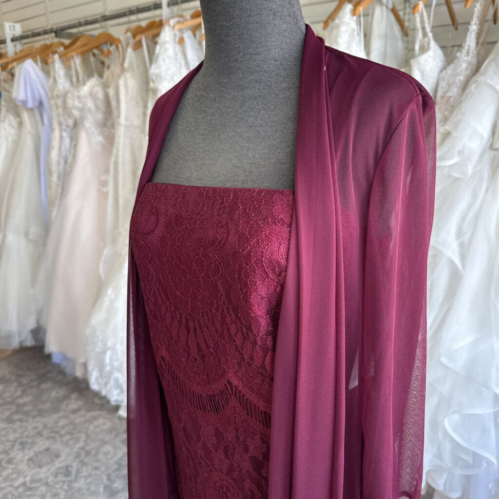 R&M Richards Burgundy Lace Short Formal Dress With Sheer Jacket 12 Petite