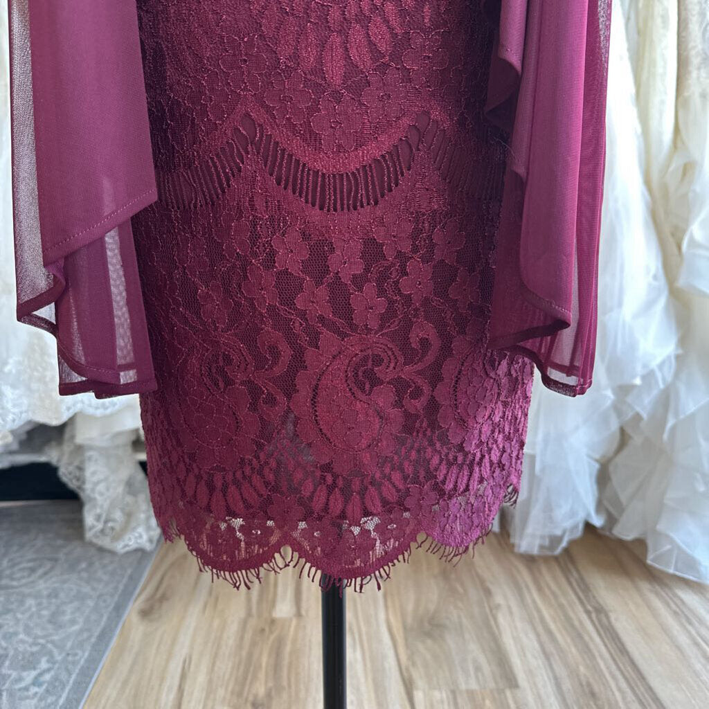 R&M Richards Burgundy Lace Short Formal Dress With Sheer Jacket 12 Petite