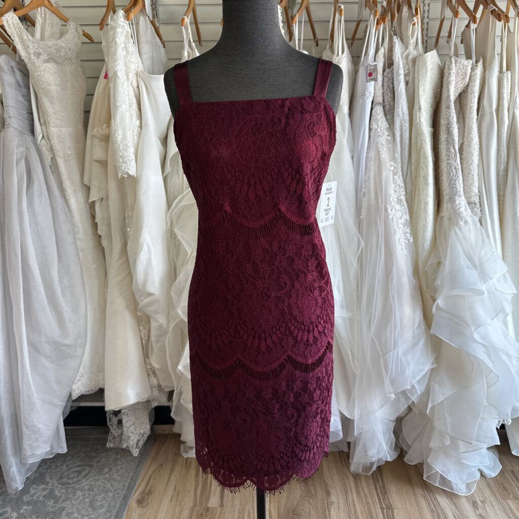 R&M Richards Burgundy Lace Short Formal Dress With Sheer Jacket 12 Petite